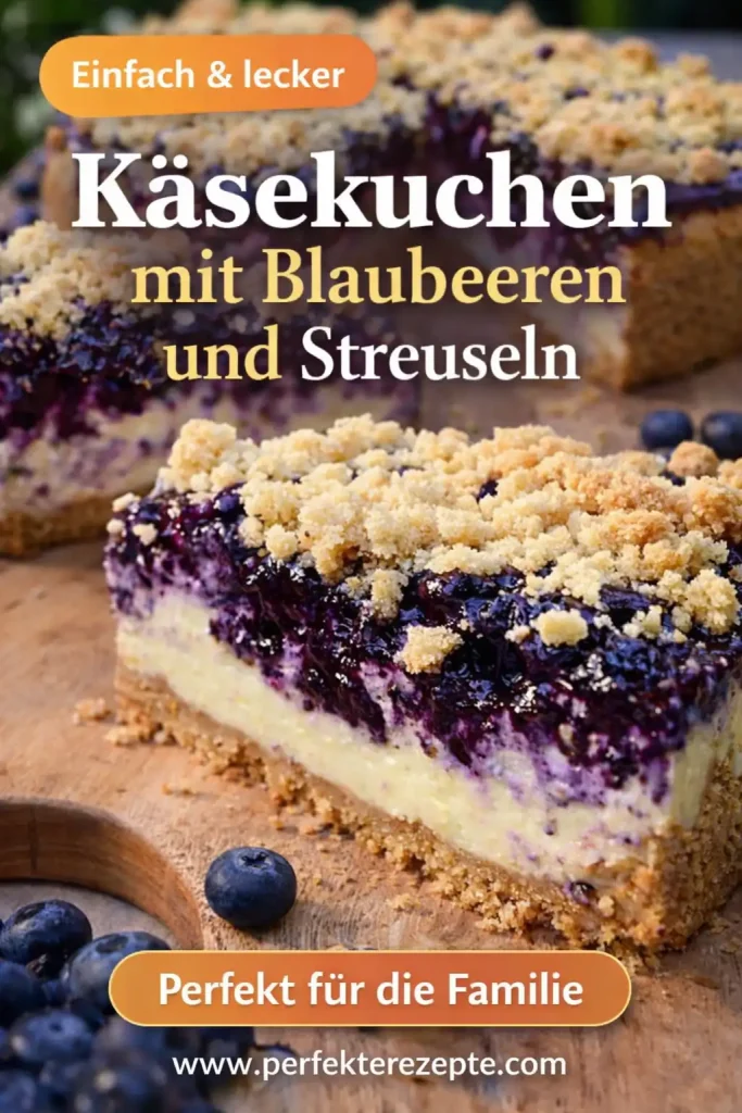 Ein Stück Käsekuchen mit Blaubeeren und goldenen Streuseln auf einem Kuchenteller