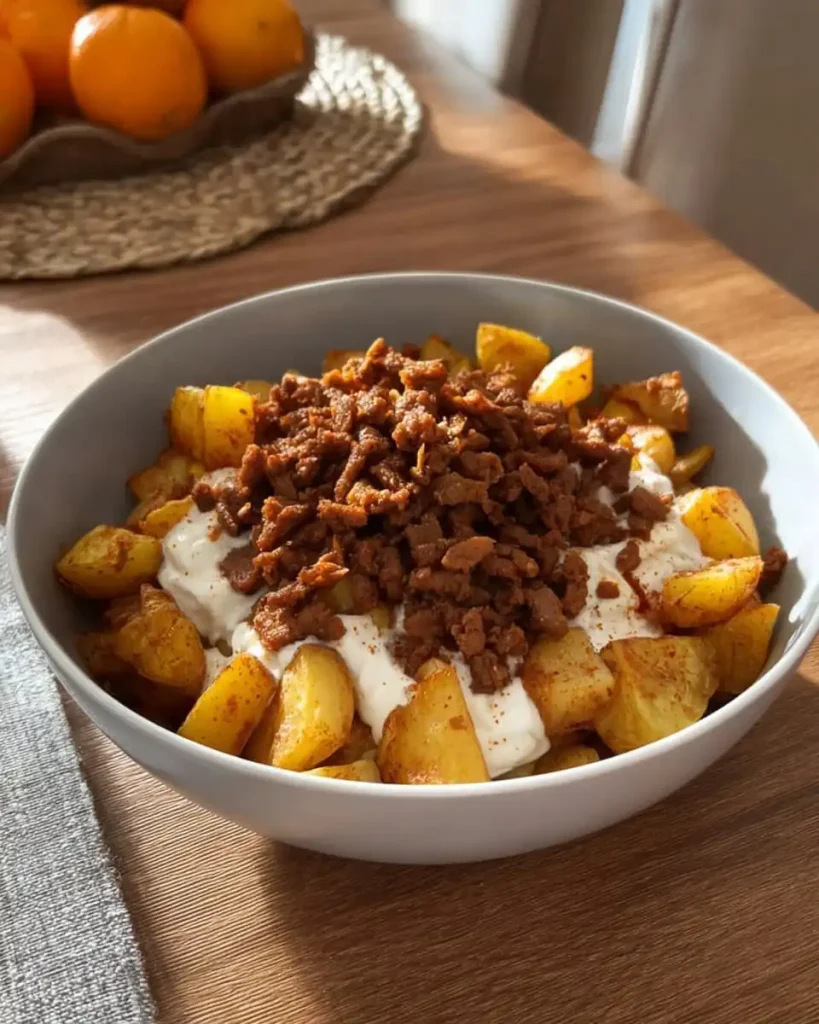 Nahaufnahme einer Kartoffel-Hack-Bowl mit Sauce und verschiedenen Toppings