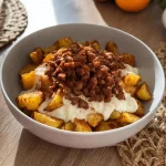 Eine fertig angerichtete Kartoffel-Hackfleisch-Bowl auf einem Holztisch