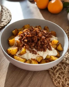 Eine fertig angerichtete Kartoffel-Hackfleisch-Bowl auf einem Holztisch