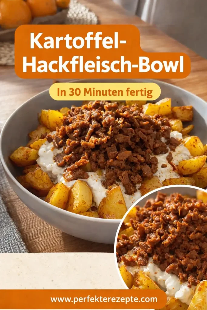 Herzhafte Kartoffel-Hackfleisch-Bowl mit Gemüse und frischen Kräutern in einer Schüssel