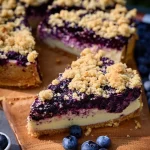 Käsekuchen mit Blaubeeren und Streuseln auf einem Teller serviert