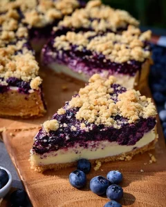 Käsekuchen mit Blaubeeren und Streuseln auf einem Teller serviert