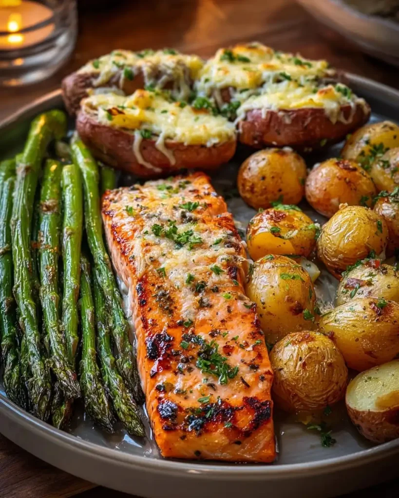 Eine Portion Lachs mit Knoblauchbutter, Kartoffeln und Spargel auf einem Teller