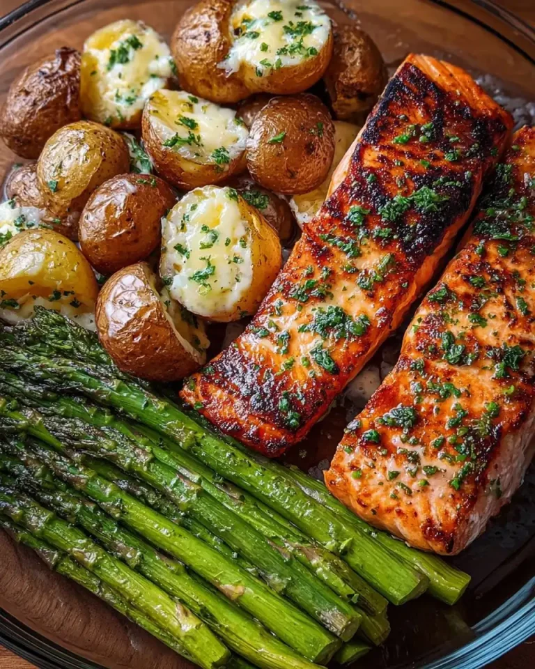 Servierfertiger Knoblauchbutter-Lachs mit Ofenkartoffeln und Käse-Spargel