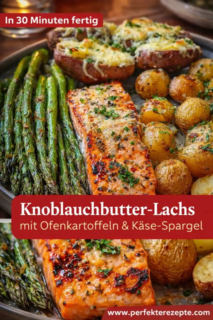 Frisch zubereitetes Lachsgericht mit Käse-Spargel und Ofenkartoffeln