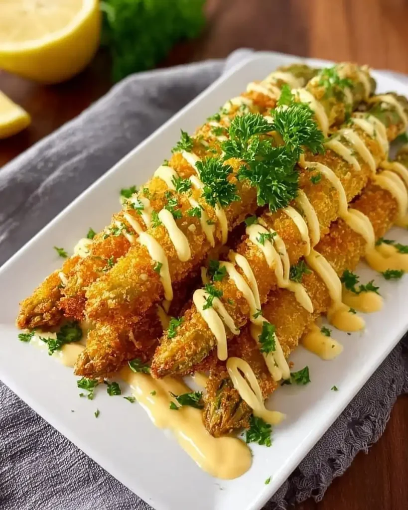 Nahaufnahme von panierten Spargelstangen mit geschmolzenem Parmesan und Kräutern