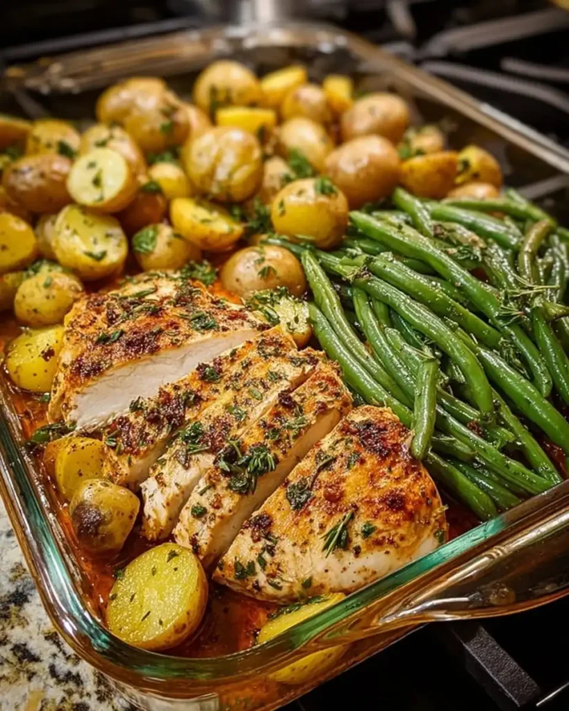 Eine Portion Hähnchenbrust mit Kräutern neben goldbraunen Kartoffelspalten und grünen Bohnen