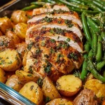 Nahaufnahme von Kräuter-Hähnchenstücken mit Beilagen aus Kartoffeln und grünen Bohnen