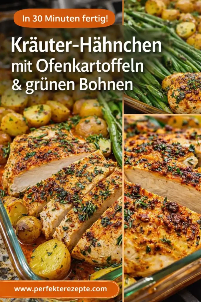 Saftig gebratenes Kräuter-Hähnchen serviert mit Röstkartoffeln und frischen grünen Bohnen auf einem Teller
