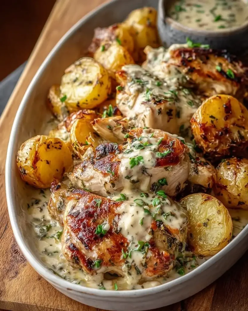 Eine Portion Hähnchenbrust in heller Kräutersauce mit Spalten von Ofenkartoffeln