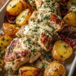 Nahaufnahme der cremigen Sauce mit frischen Kräutern und gebratenem Hähnchenfleisch