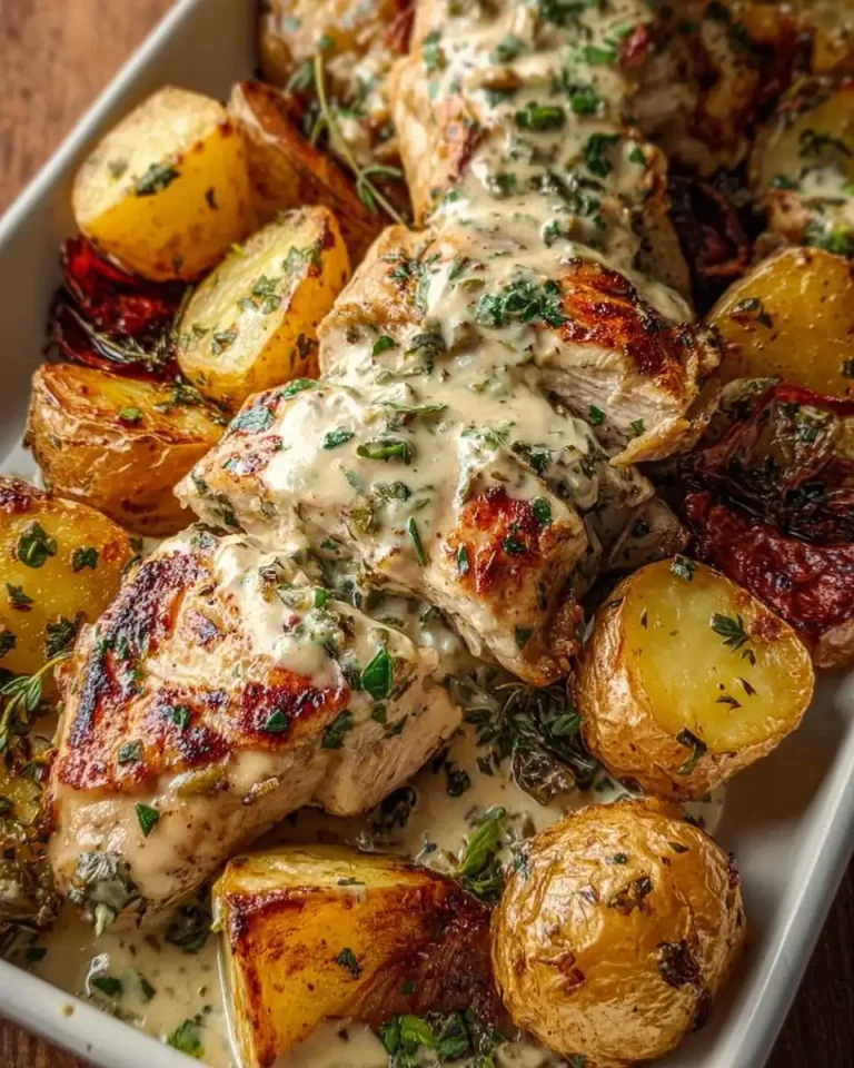 Nahaufnahme der cremigen Sauce mit frischen Kräutern und gebratenem Hähnchenfleisch