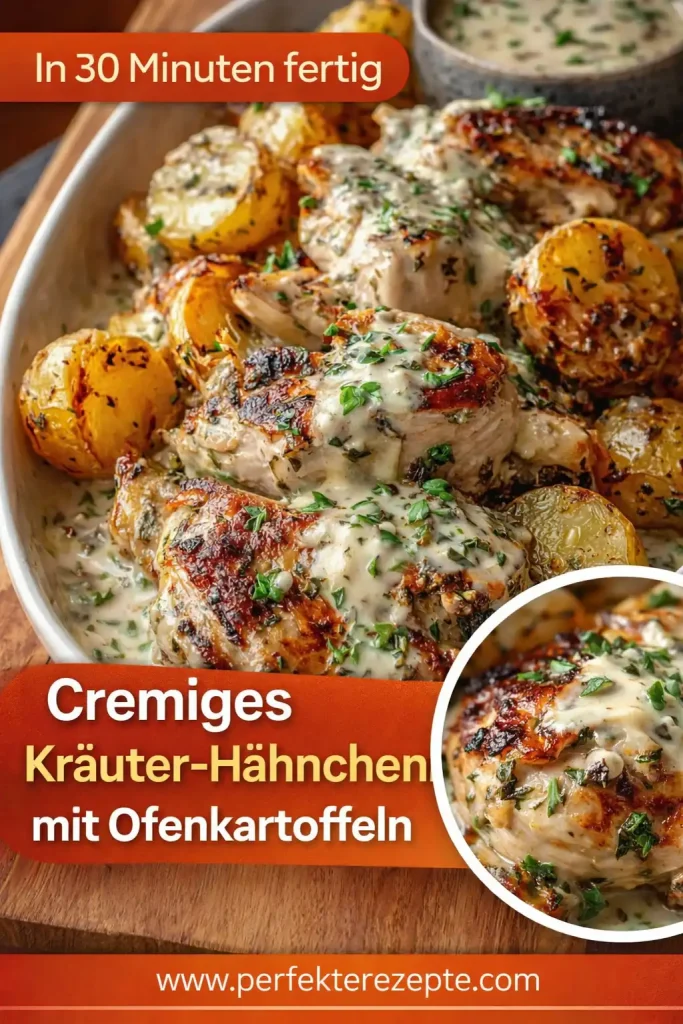 Saftiges Kräuter-Hähnchen in cremiger Sauce neben goldbraun gerösteten Ofenkartoffeln