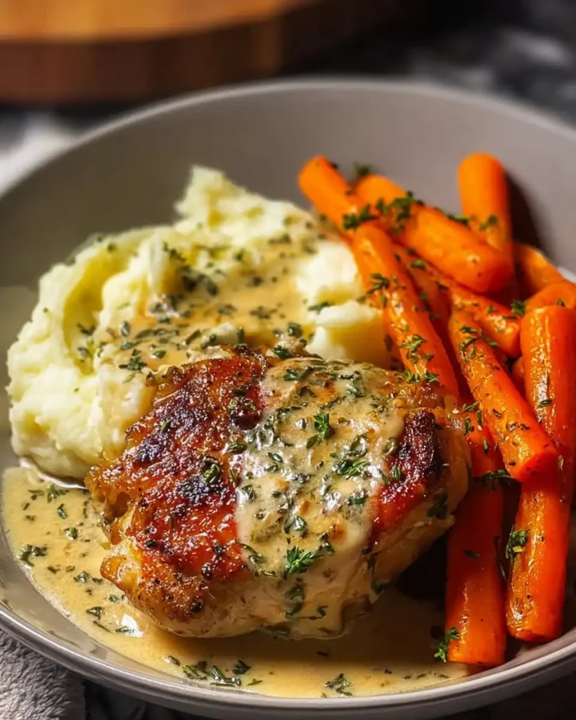 Eine Portion Hähnchenbrust mit Kräuterkruste, Kartoffelbrei und Möhrengemüse