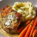 Frisch zubereitetes Kräuter-Hähnchen mit Rahmsoße und Püree auf einem Teller