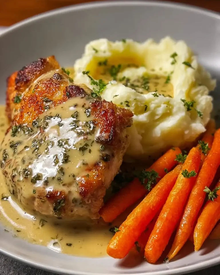 Frisch zubereitetes Kräuter-Hähnchen mit Rahmsoße und Püree auf einem Teller