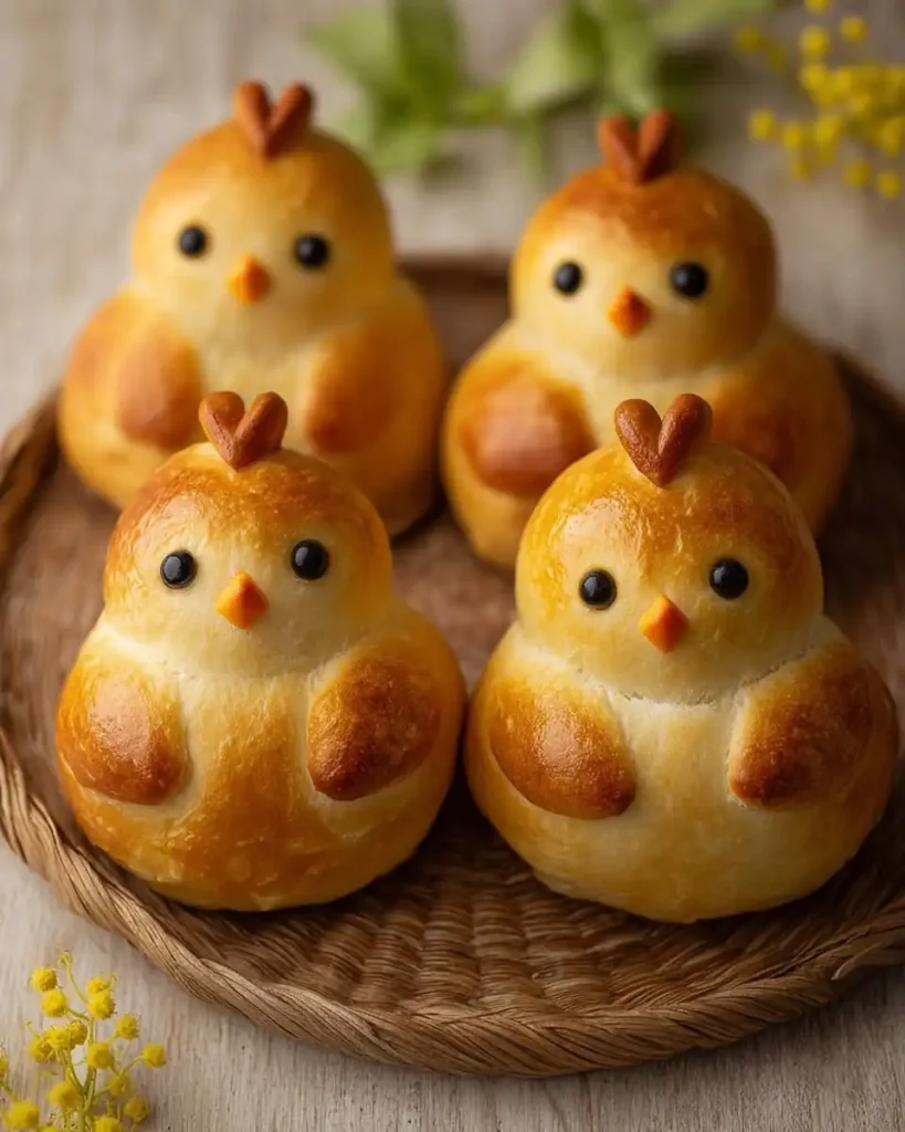 Ein fertig gebackenes Oster-Küken-Brötchen mit Augen und Schnabel-Details