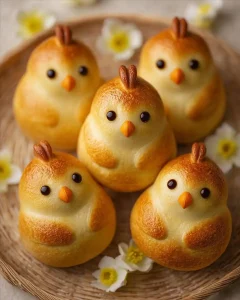 Mehrere kleine Küken-Brötchen aus Hefeteig in einem Osterkörbchen