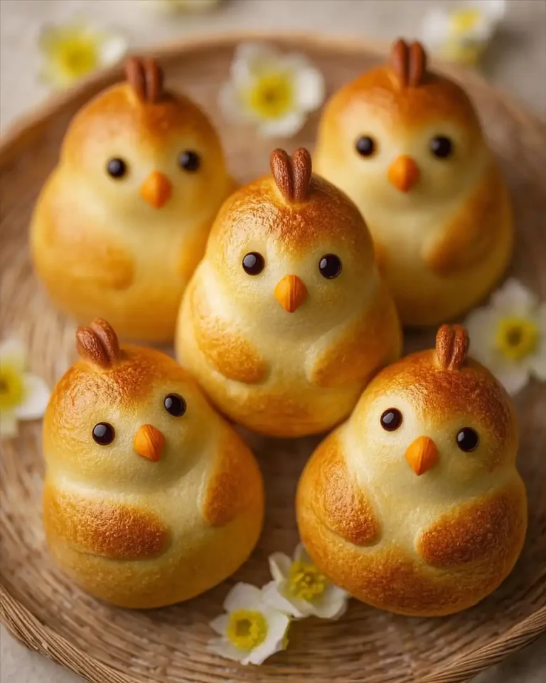 Mehrere kleine Küken-Brötchen aus Hefeteig in einem Osterkörbchen