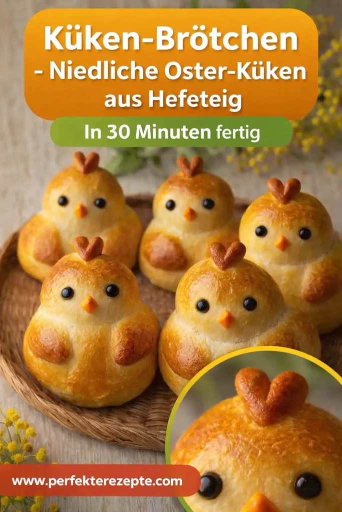 Niedliche gelbe Küken-Brötchen aus Hefeteig auf einem Backblech angerichtet