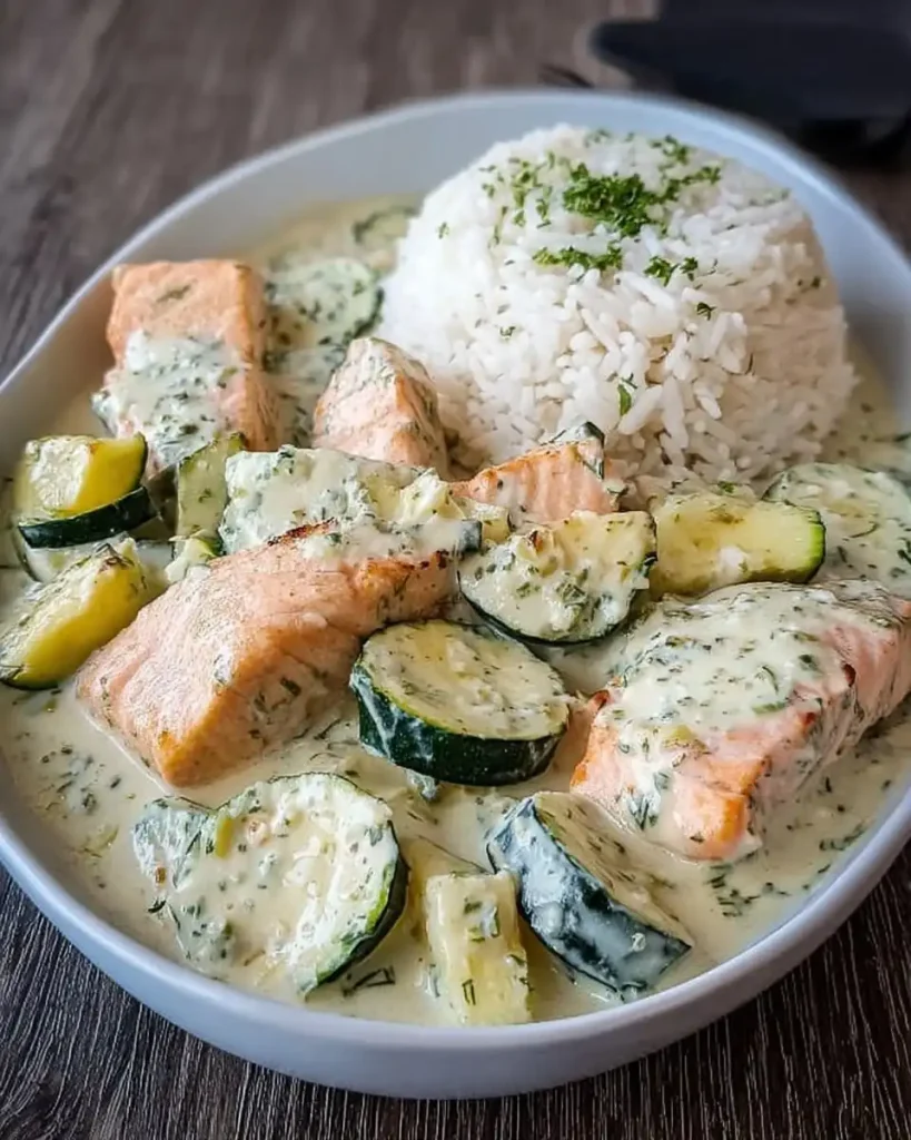 Servierfertiger Lachs mit Zucchini in cremiger Kräuter-Frischkäse-Sauce und Reis