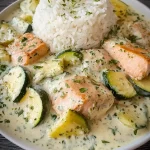 Portion Lachs mit Zucchini in cremiger Kräuter-Frischkäse-Sauce auf Reis