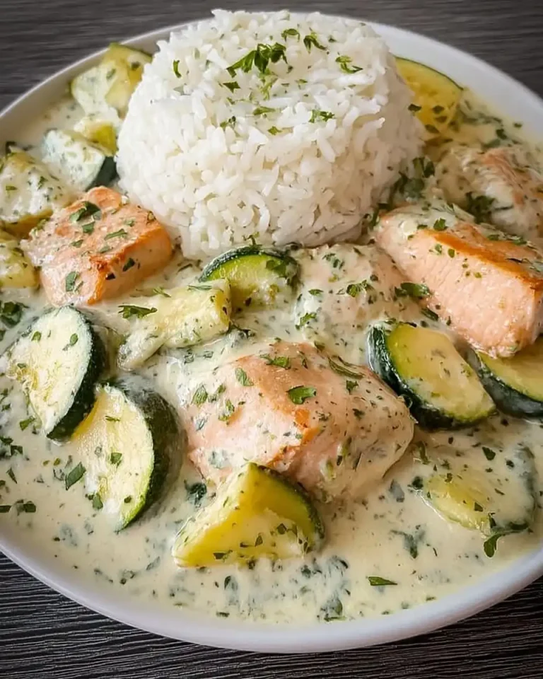 Portion Lachs mit Zucchini in cremiger Kräuter-Frischkäse-Sauce auf Reis
