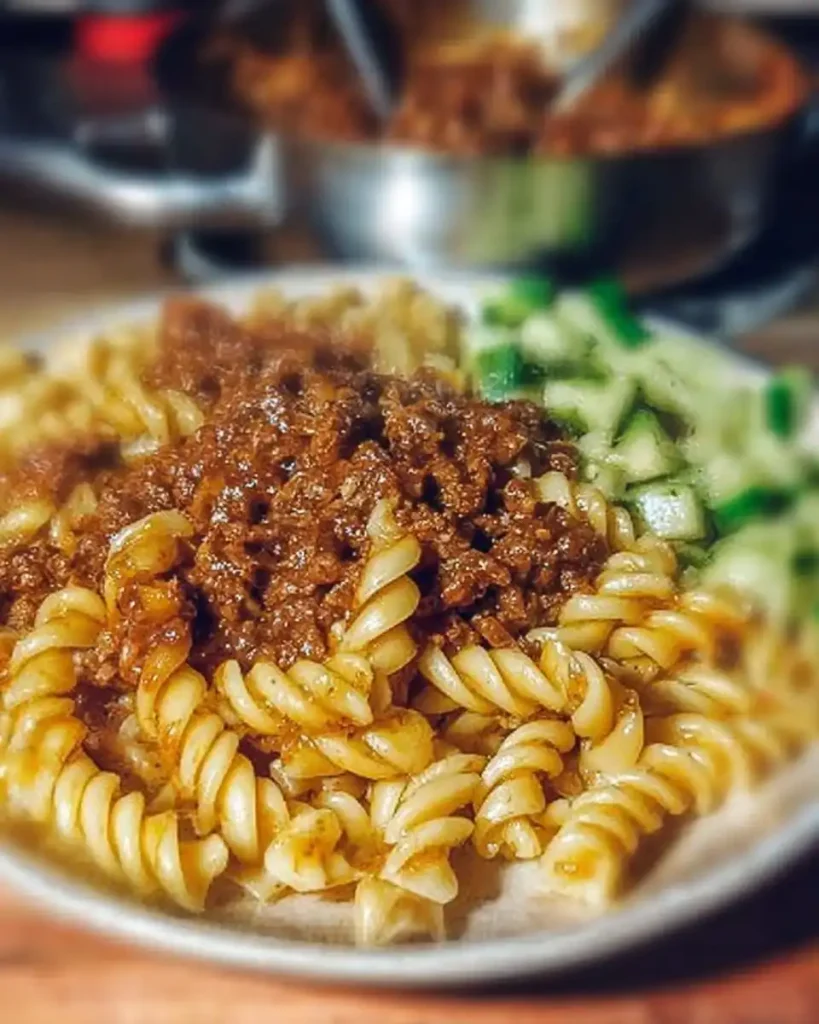 Eine Portion Pasta mit Hackfleischsoße serviert neben einem cremigen Gurkensalat