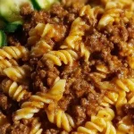 Frisch zubereitete Hackfleischsoße über Nudeln angerichtet mit Beilagensalat