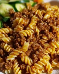 Frisch zubereitete Hackfleischsoße über Nudeln angerichtet mit Beilagensalat