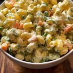 Portion türkischer Nudelsalat mit Gemüse und cremigem Dressing