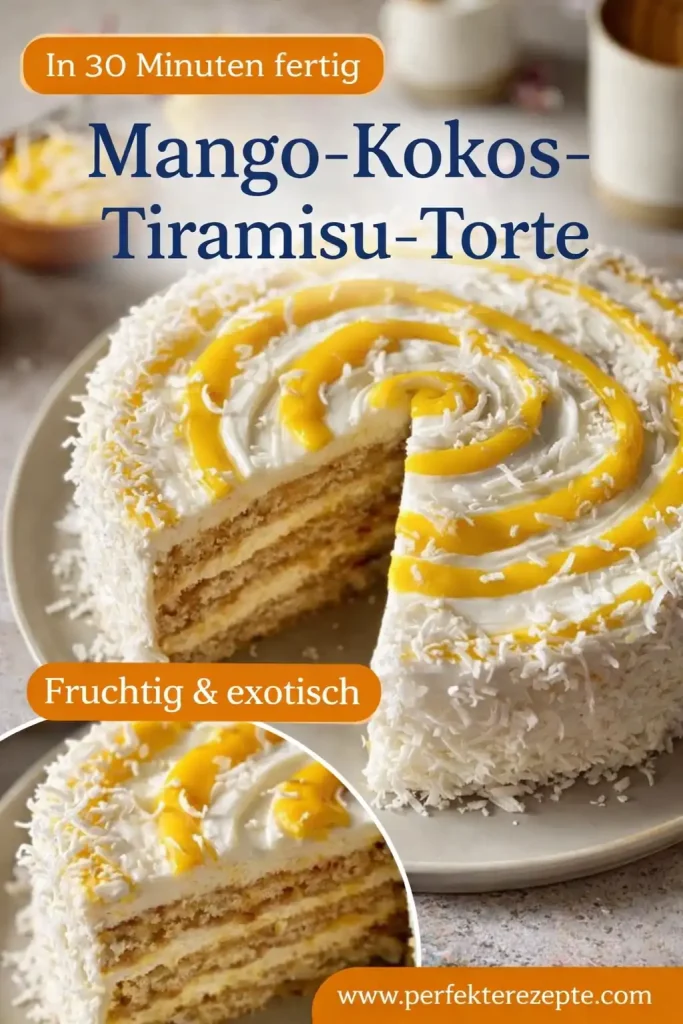 Eine elegante Mango-Kokos-Tiramisu-Torte mit frischen Mangospalten und Kokosraspeln dekoriert