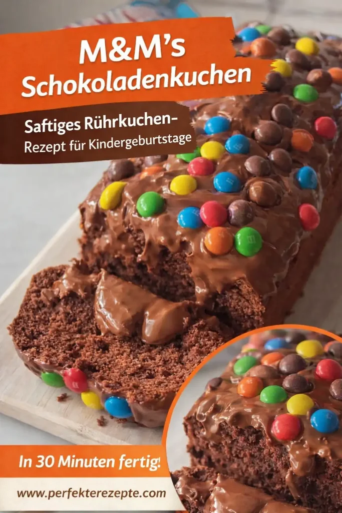 Saftiger Schokoladen-Rührkuchen mit bunten M&M’s dekoriert auf einem bunten Kinderteller