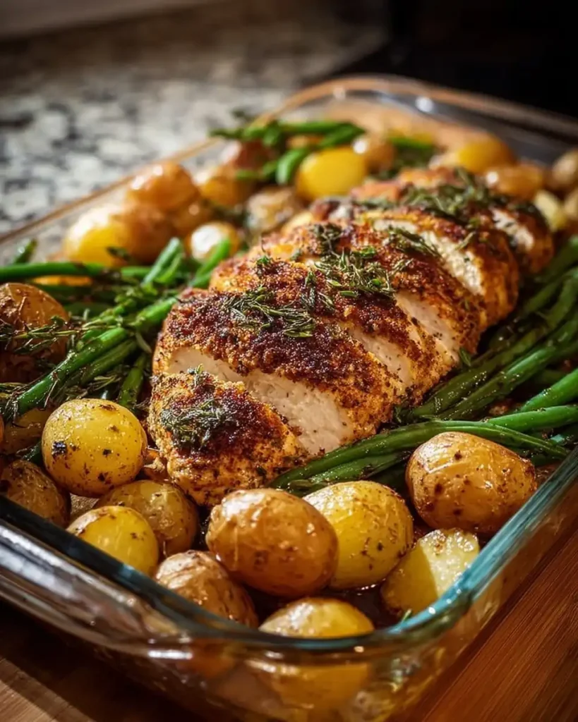 Eine Portion Hähnchenbrust mit Kräuterhaube neben Ofenkartoffeln und gedünsteten grünen Bohnen