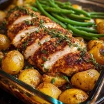 Nahaufnahme der knusprigen Kräuterkruste auf der Hähnchenbrust mit Kartoffeln im Hintergrund