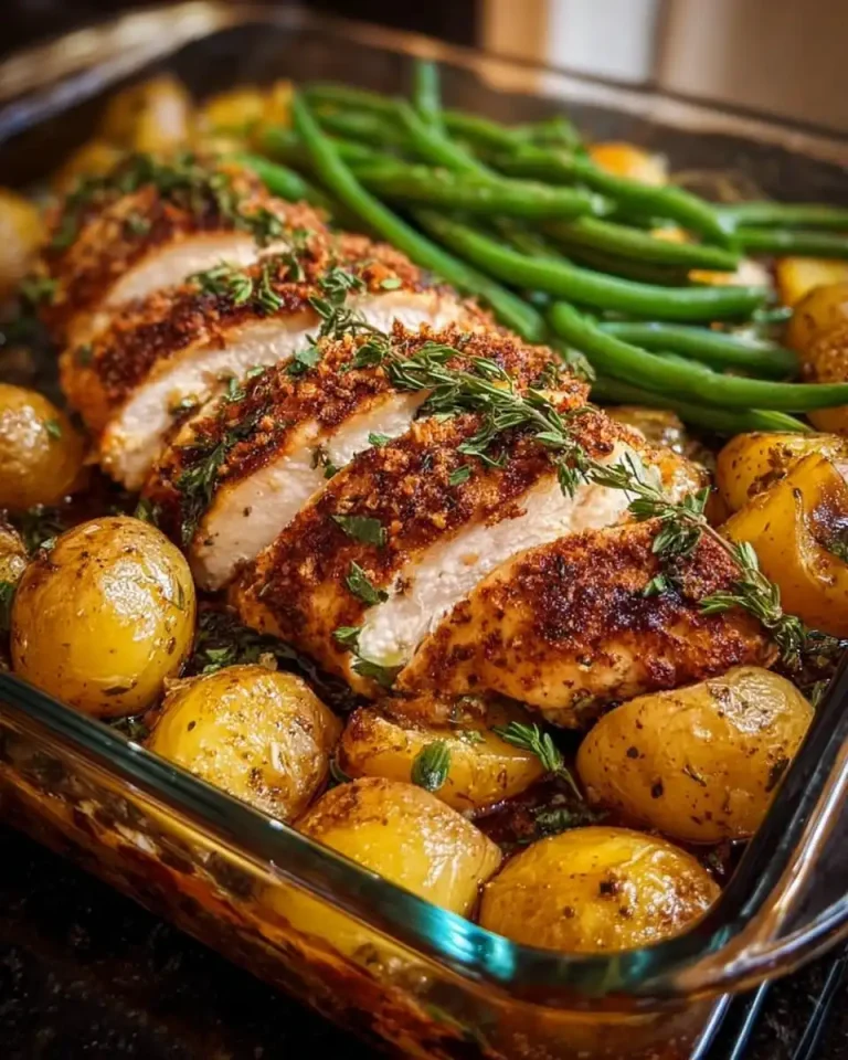 Nahaufnahme der knusprigen Kräuterkruste auf der Hähnchenbrust mit Kartoffeln im Hintergrund