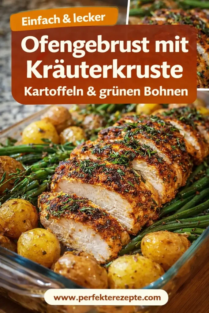 Saftige Ofenbrust mit einer goldbraunen Kräuterkruste, serviert mit Röstkartoffeln und grünen Bohnen