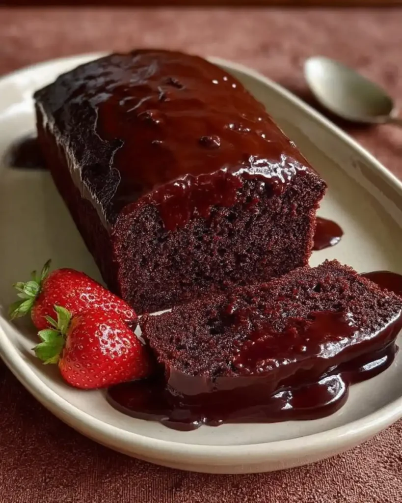 Ein Stück frisch gebackener Schokoladenkuchen mit Puderzucker bestäubt