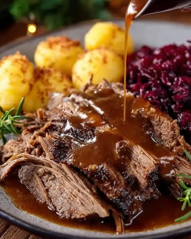 Sauerbraten-Festessen mit Sauce und Gewürzen in Nahaufnahme