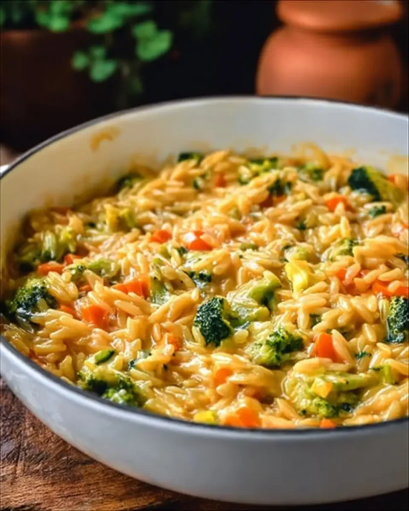 One Pot cremige Orzo-Pasta mit Brokkoli, Möhren und Cheddar in einer Pfanne
