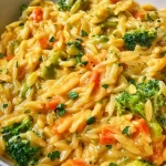 One Pot cremige Orzo-Pasta mit Brokkoli, Möhren und Cheddar in einer Pfanne