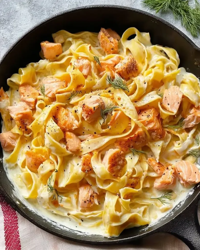Eine Portion cremige Pasta mit Lachsstücken und Kräutern auf einem Teller