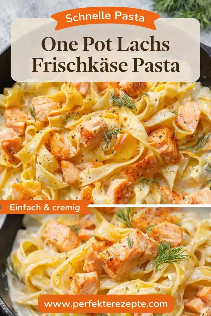 One Pot Lachs-Frischkäse-Pasta mit Spinat in einer Pfanne serviert