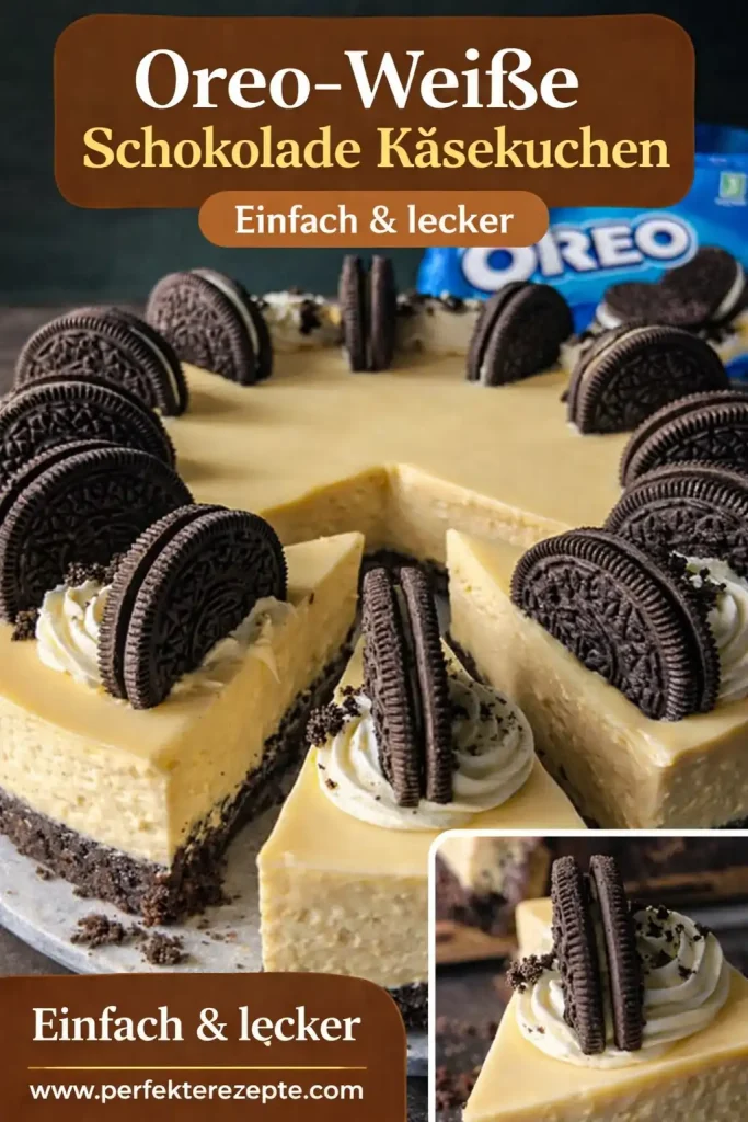 Cremiger Käsekuchen mit weißer Schokolade und einem Boden aus Oreo-Keksen auf einer Servierplatte