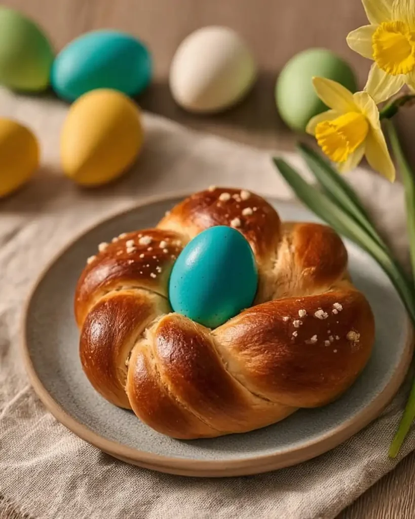 Frisch gebackene Osterkränze aus Hefeteig auf einem Kuchengitter