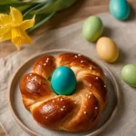 Nahaufnahme eines weichen Hefeteig-Nestes bestreut mit Hagelzucker