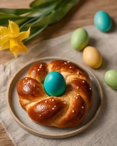 Nahaufnahme eines weichen Hefeteig-Nestes bestreut mit Hagelzucker