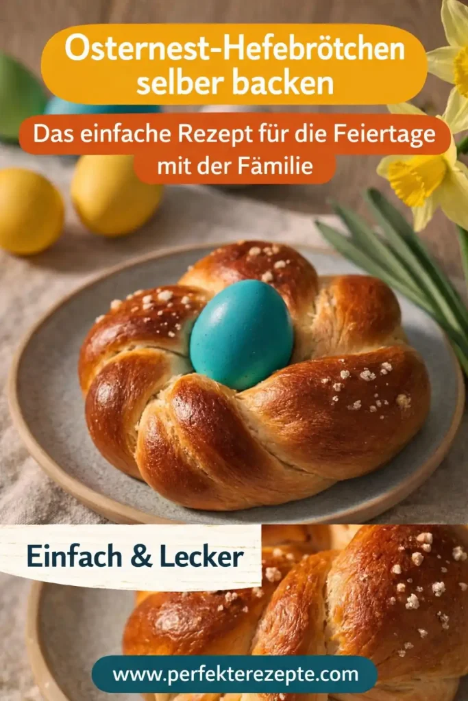 Goldbraun gebackene Osternest-Hefebrötchen mit einem bunten Ei in der Mitte