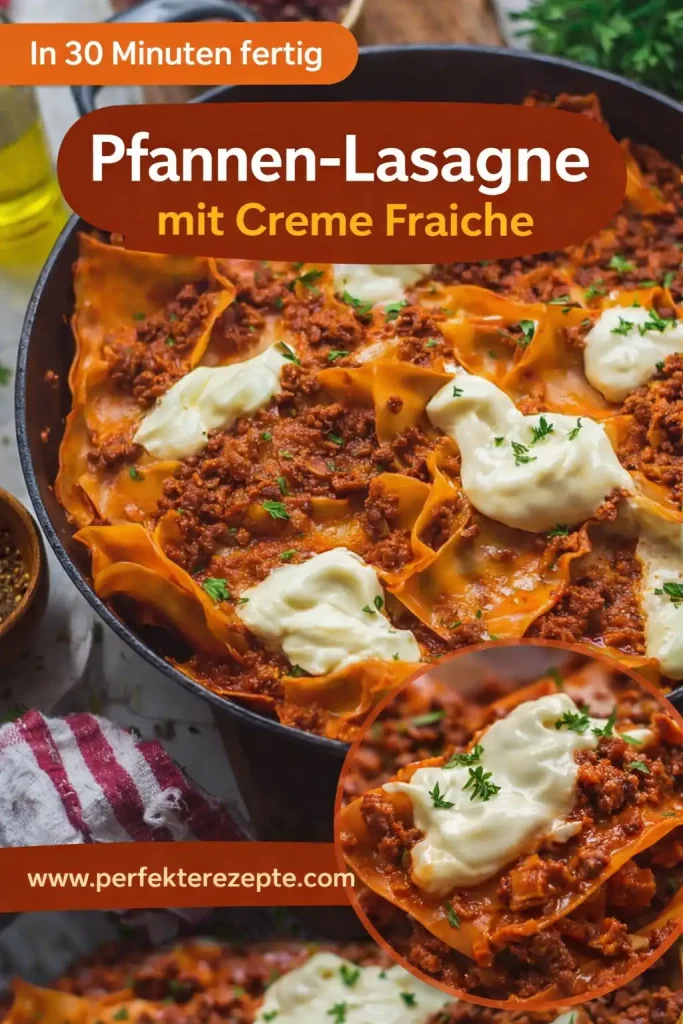 Herzhafte Pfannen-Lasagne mit geschmolzenem Käse und Creme Fraiche Klecksen in einer gusseisernen Pfanne